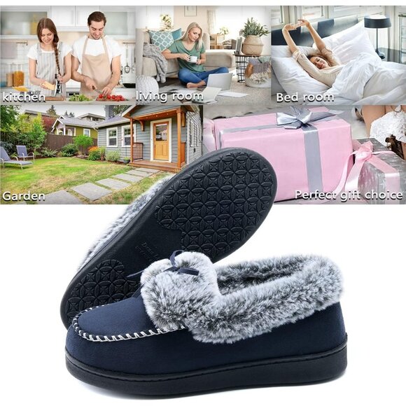 Women's Dark Blue Fuzzy Fluffy Warm Winter Closed Back Fur Lined Slippers Boot - Picture 6 of 6